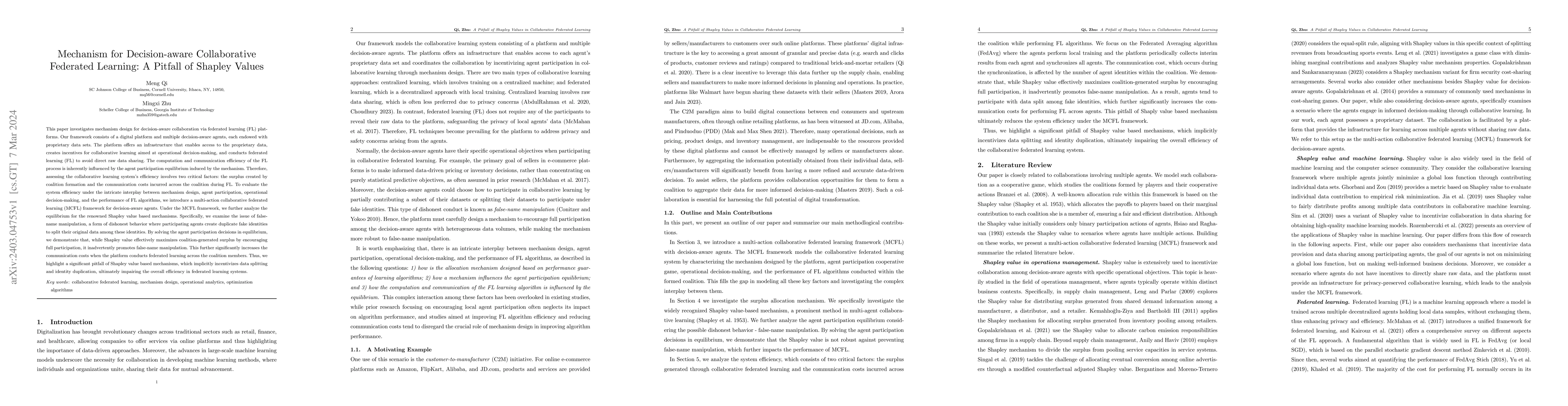 Thumbnail for Mechanism for Decision-aware Collaborative Federated Learning: A Pitfall
  of Shapley Values