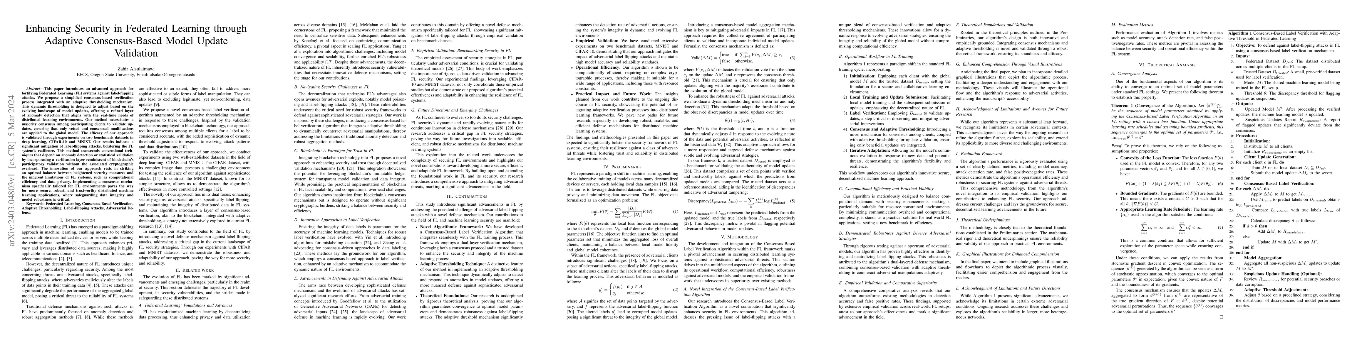 Thumbnail for Enhancing Security in Federated Learning through Adaptive
  Consensus-Based Model Update Validation