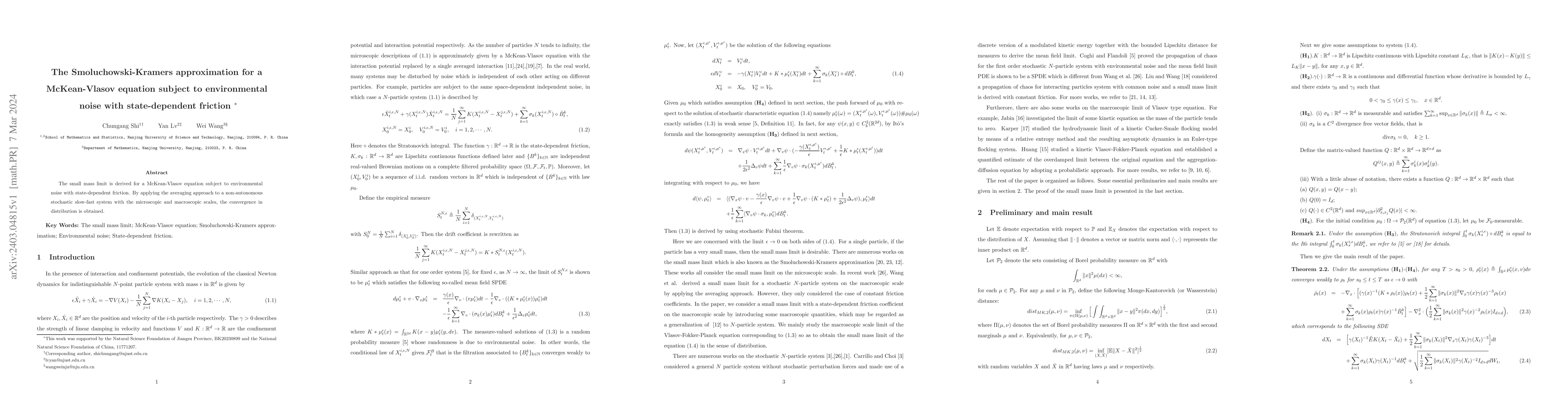 Thumbnail for The Smoluchowski-Kramers approximation for a McKean-Vlasov equation
  subject to environmental noise with state-dependent friction