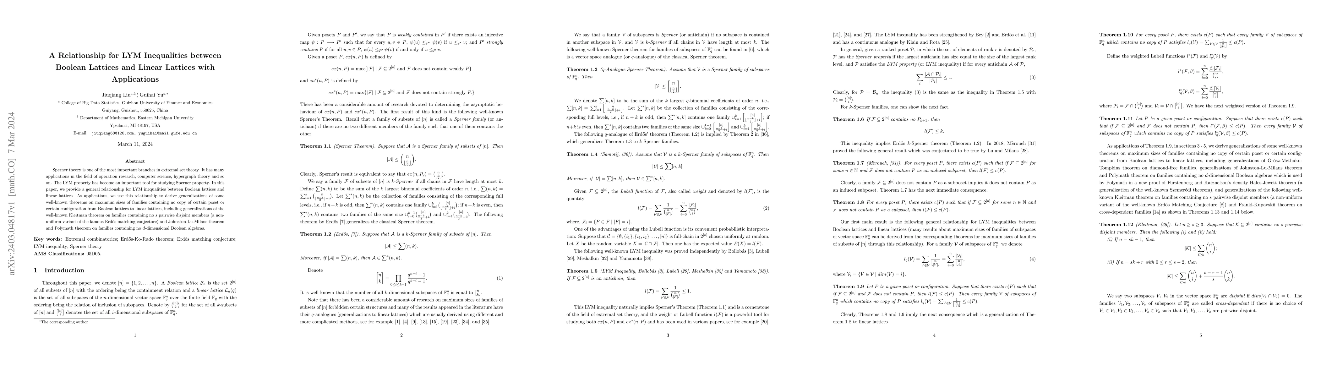 Thumbnail for A Relationship for LYM Inequalities between Boolean Lattices and Linear
  Lattices with Applications