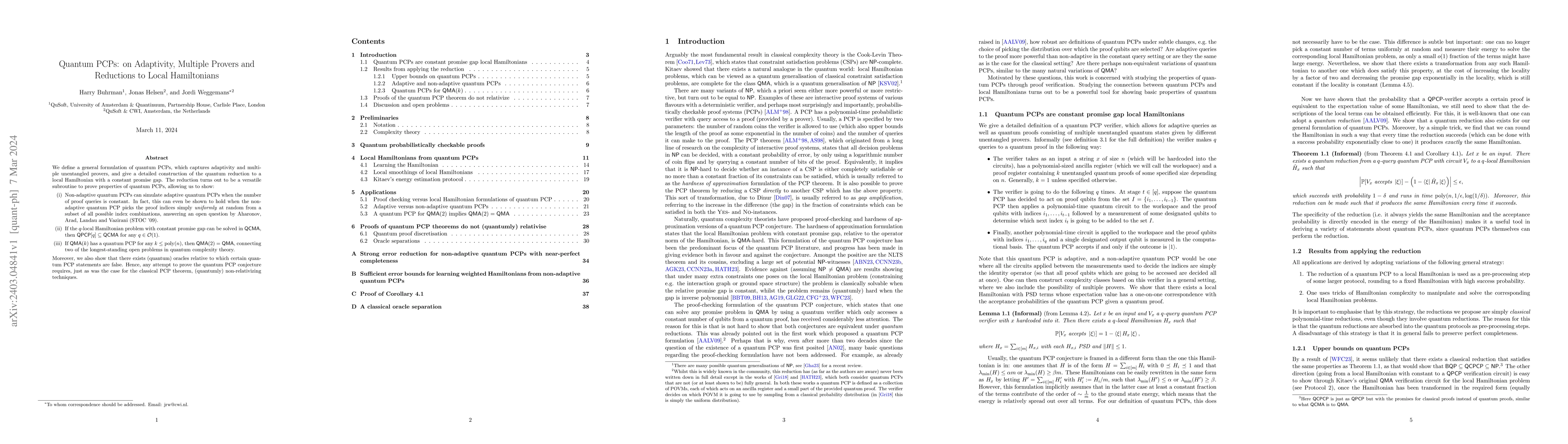 Thumbnail for Quantum PCPs: on Adaptivity, Multiple Provers and Reductions to Local
  Hamiltonians