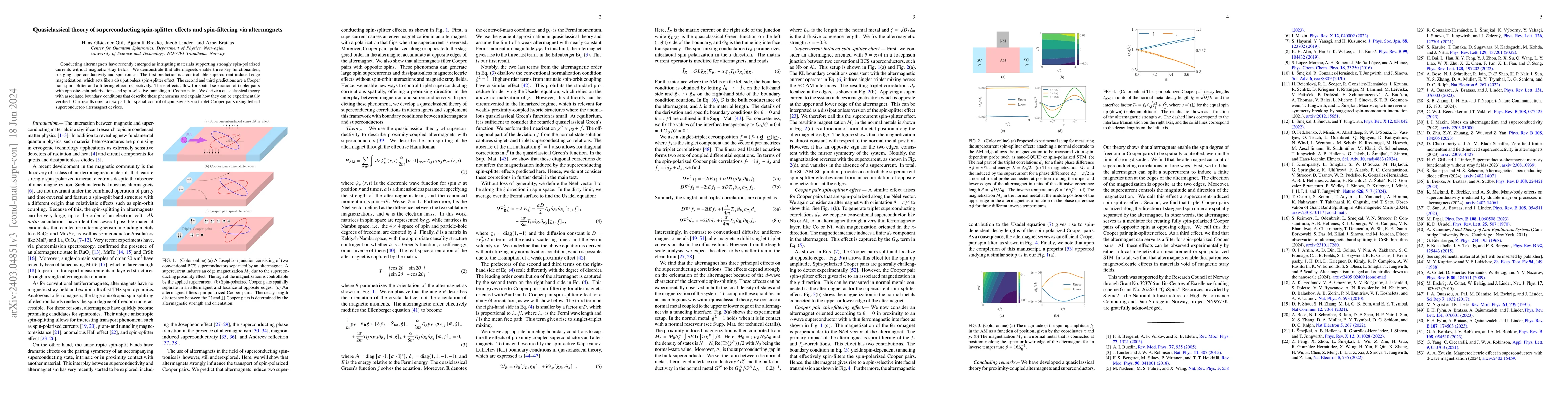 Thumbnail for Quasiclassical theory of superconducting spin-splitter effects and
  spin-filtering via altermagnets