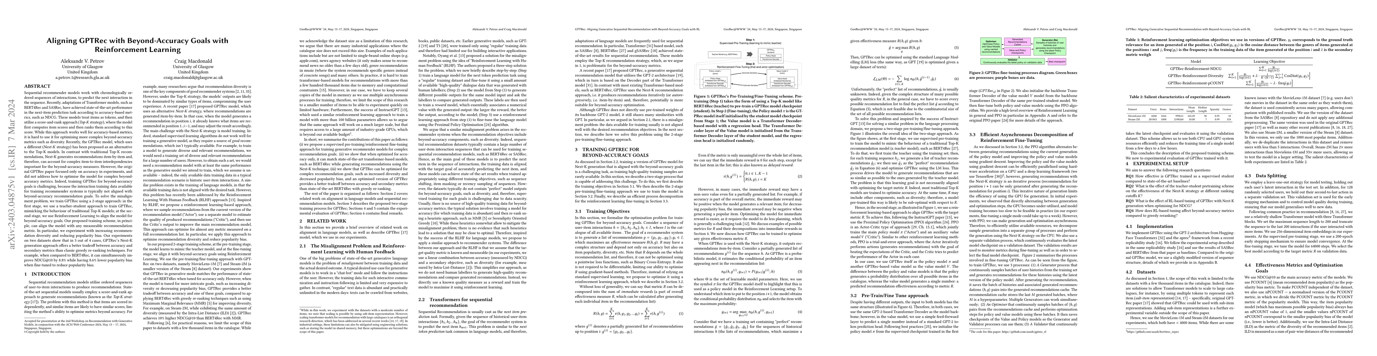 Thumbnail for Aligning GPTRec with Beyond-Accuracy Goals with Reinforcement Learning