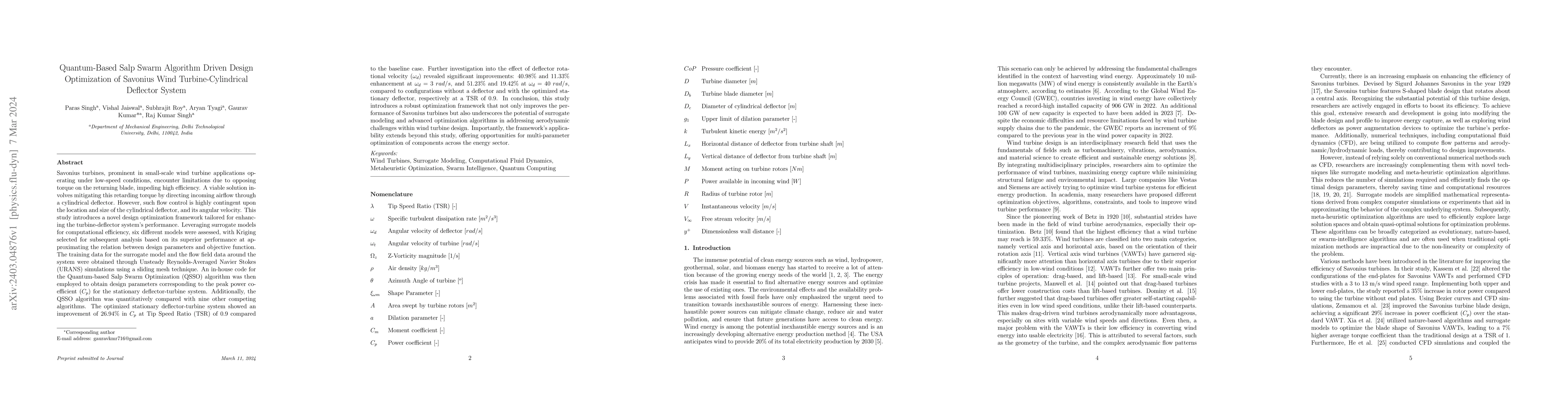 Thumbnail for Quantum-Based Salp Swarm Algorithm Driven Design Optimization of
  Savonius Wind Turbine-Cylindrical Deflector System