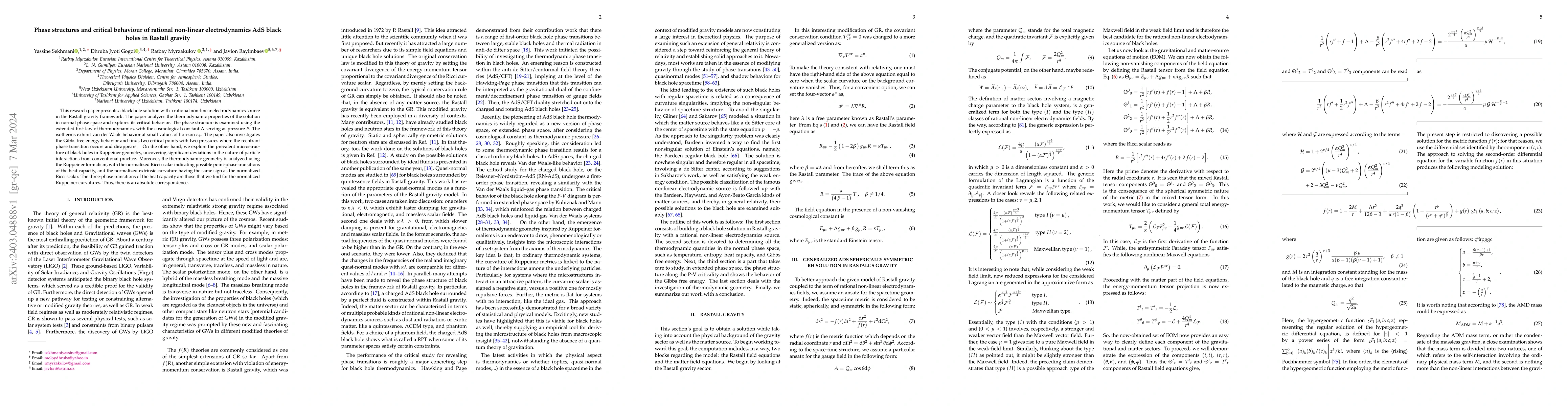 Thumbnail for Phase structures and critical behaviour of rational non-linear
  electrodynamics AdS black holes in Rastall gravity