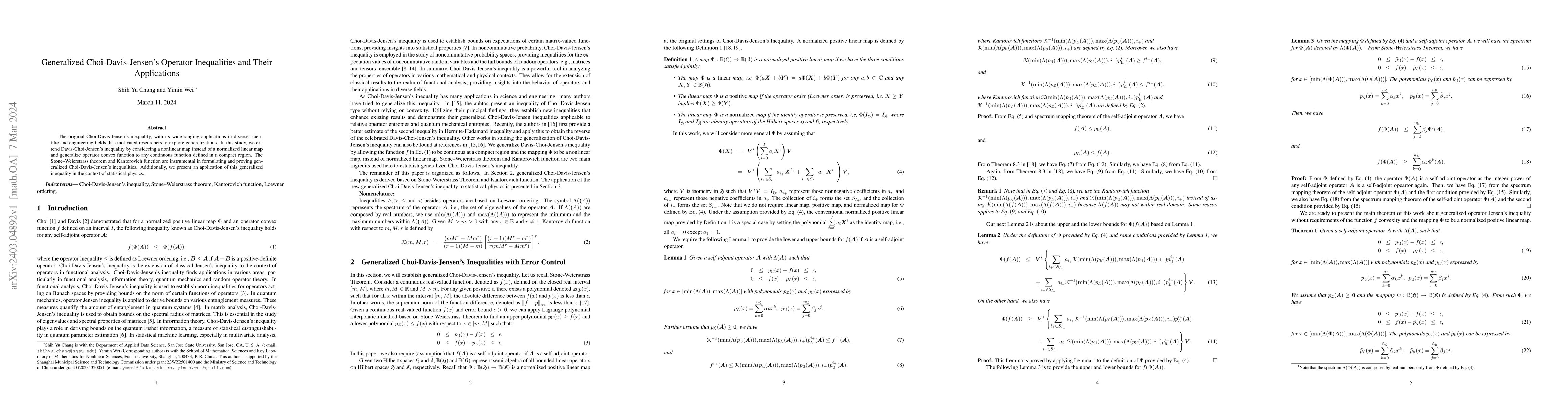 Thumbnail for Generalized Choi-Davis-Jensen's Operator Inequalities and Their
  Applications