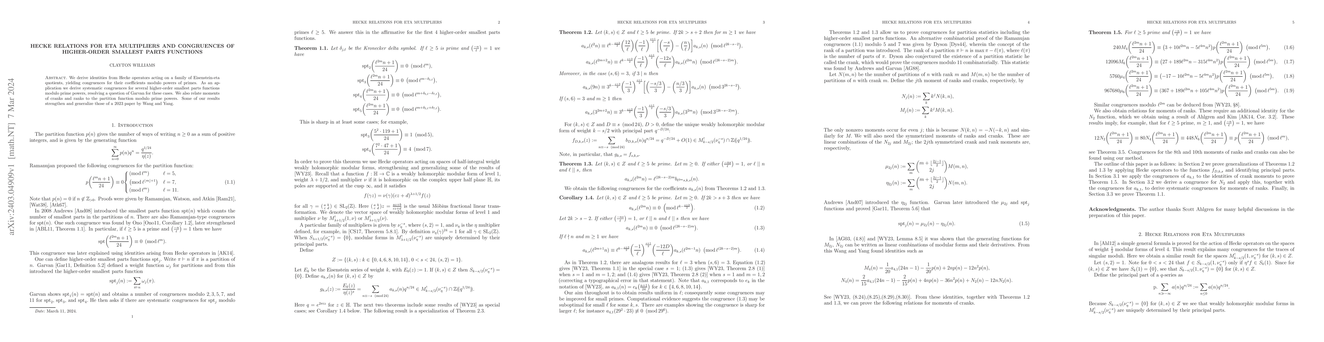 Thumbnail for Hecke Relations for Eta Multipliers and Congruences of Higher-Order
  Smallest Parts Functions
