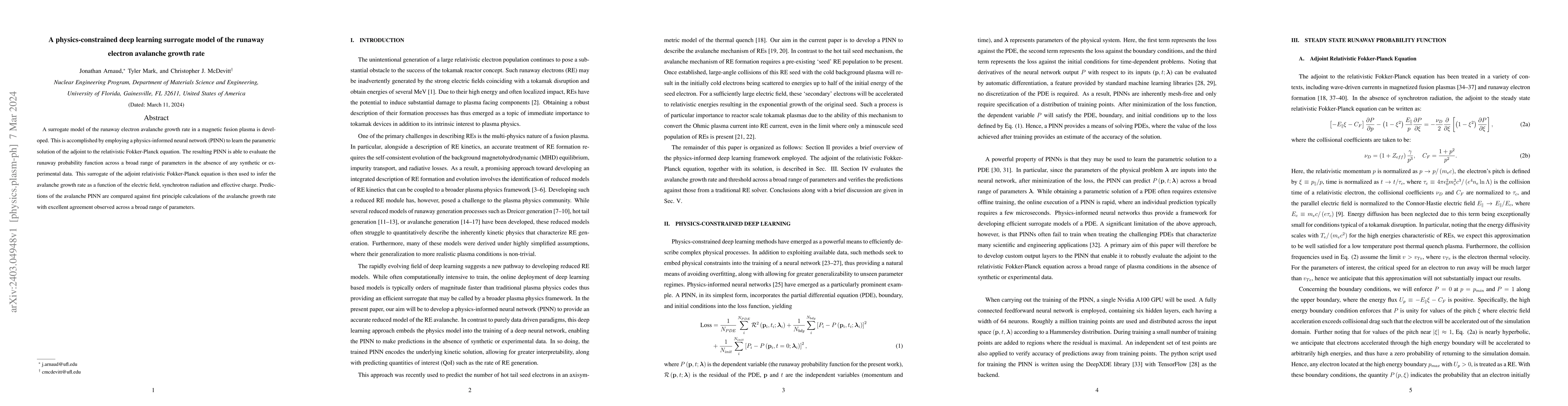 Thumbnail for A physics-constrained deep learning surrogate model of the runaway
  electron avalanche growth rate