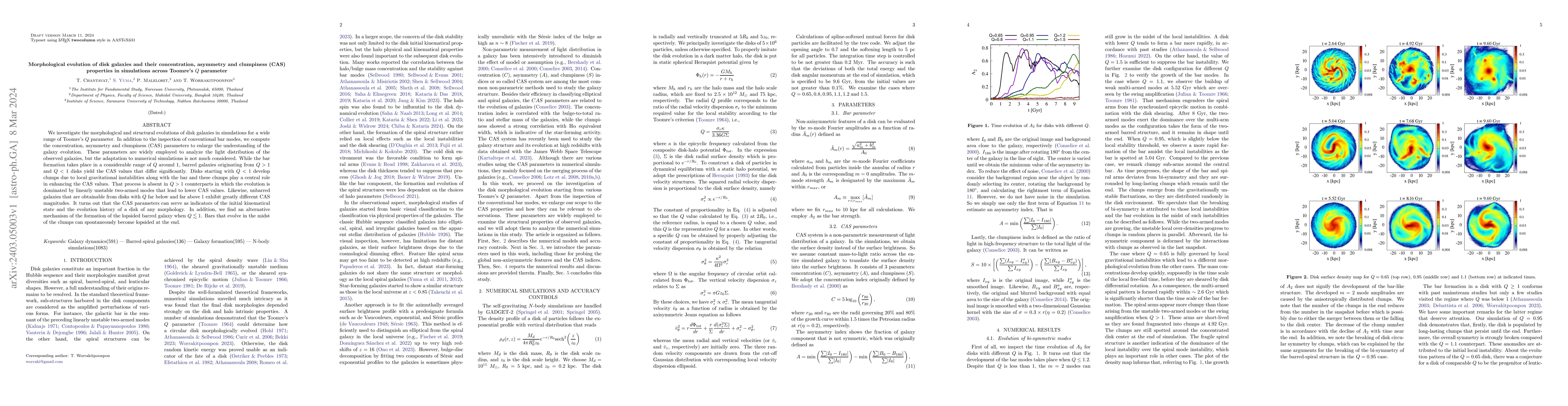 Thumbnail for Morphological evolution of disk galaxies and their concentration,
  asymmetry and clumpiness (CAS) properties in simulations across Toomre's $Q$
  parameter