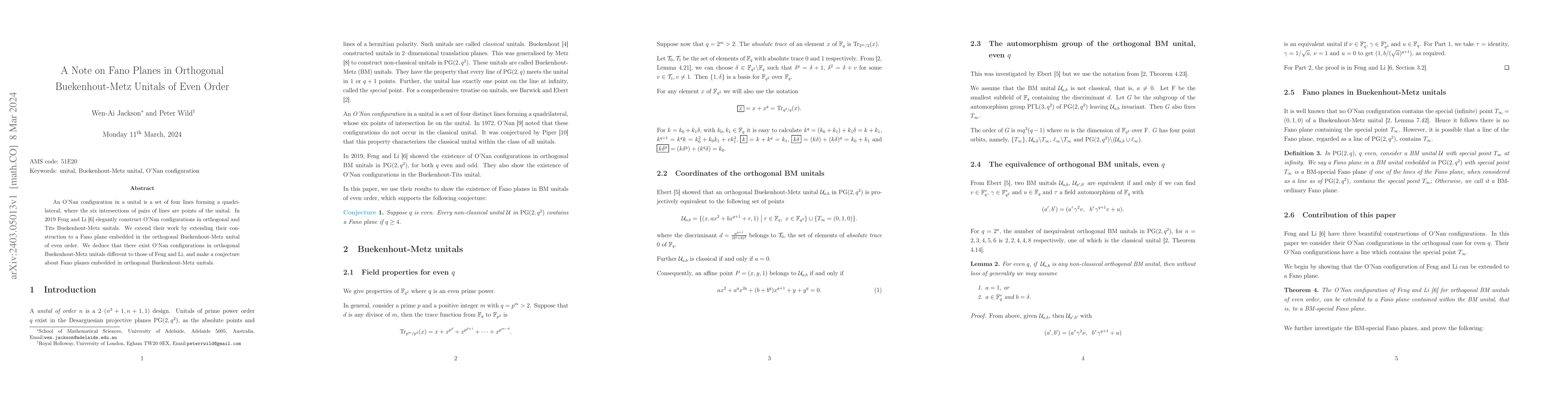 Thumbnail for A Note on Fano Planes in Orthogonal Buekenhout-Metz Unitals of Even
  Order