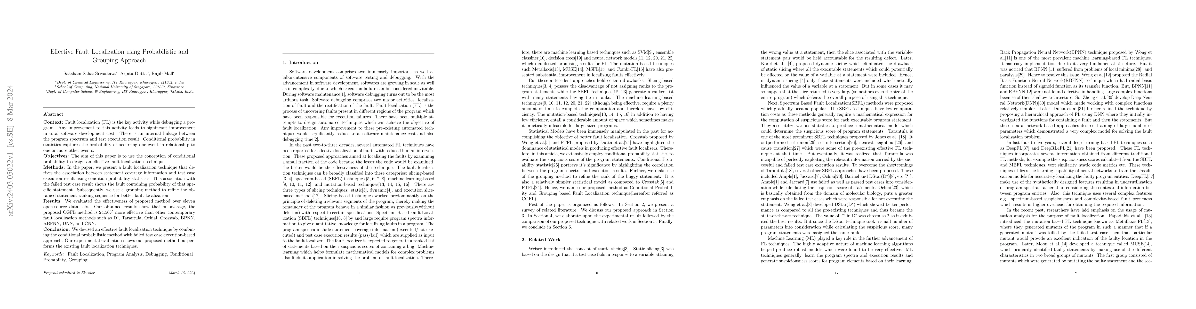 Thumbnail for Effective Fault Localization using Probabilistic and Grouping Approach