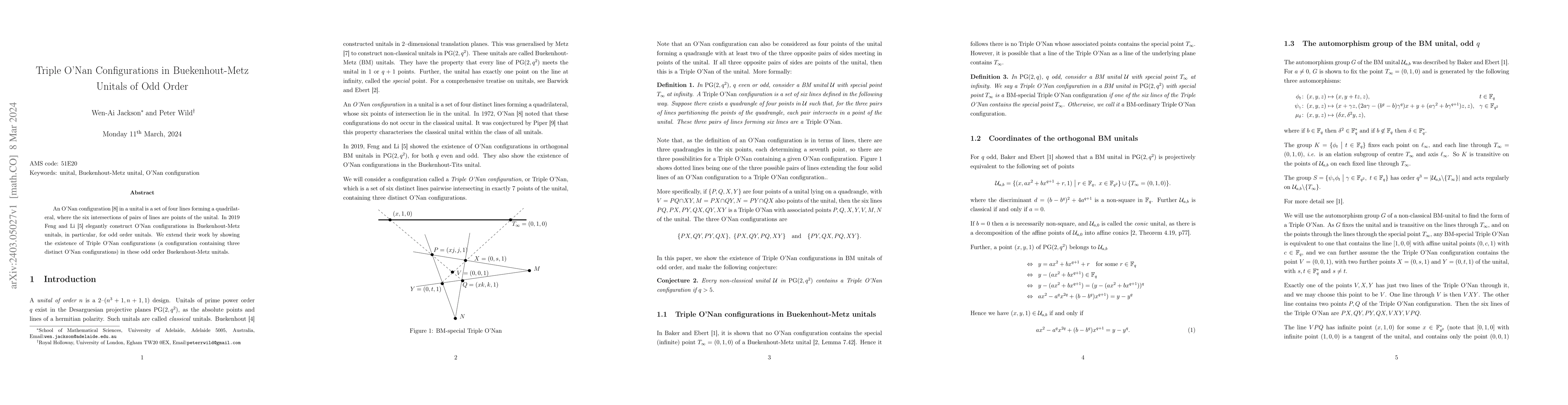 Thumbnail for Triple O'Nan Configurations in Buekenhout-Metz Unitals of Odd Order