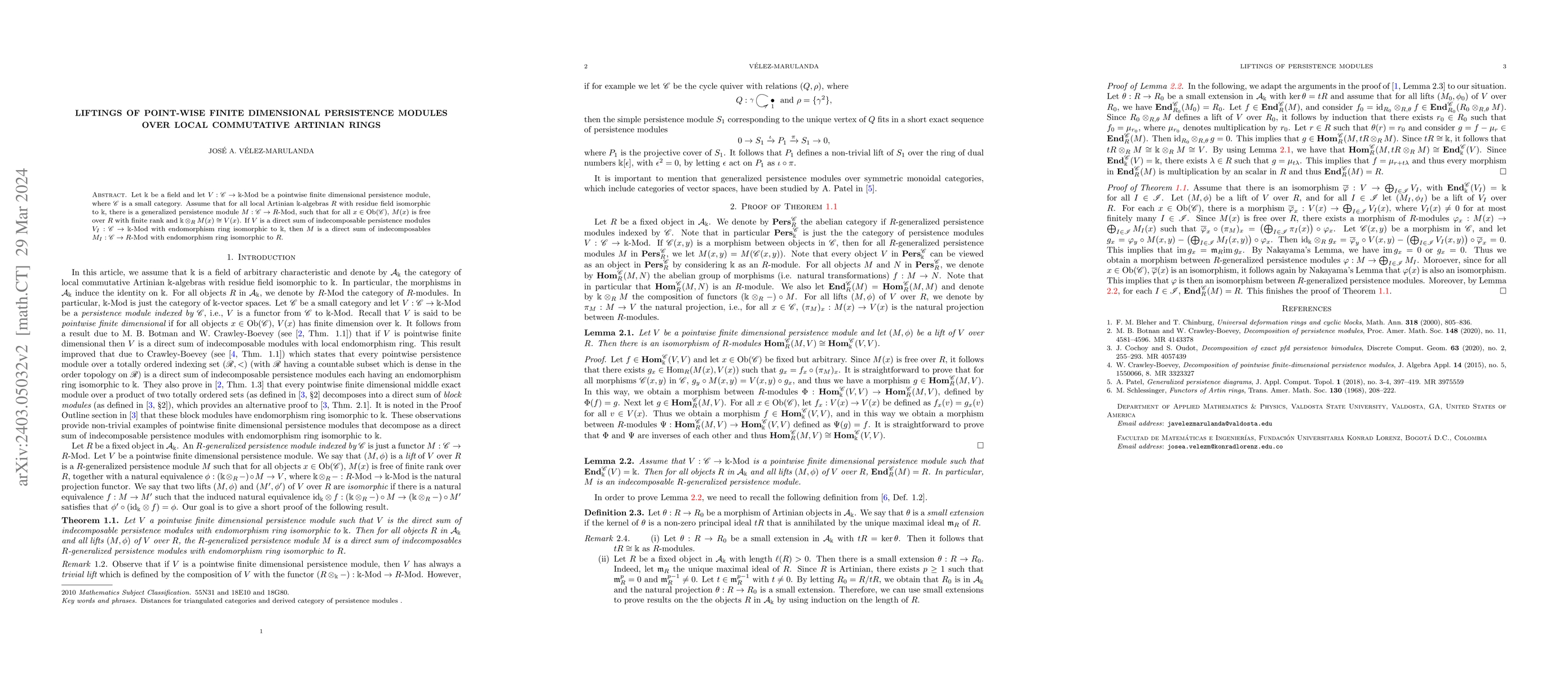 Thumbnail for Liftings of point-wise finite dimensional persistence modules over local
  commutative Artinian rings
