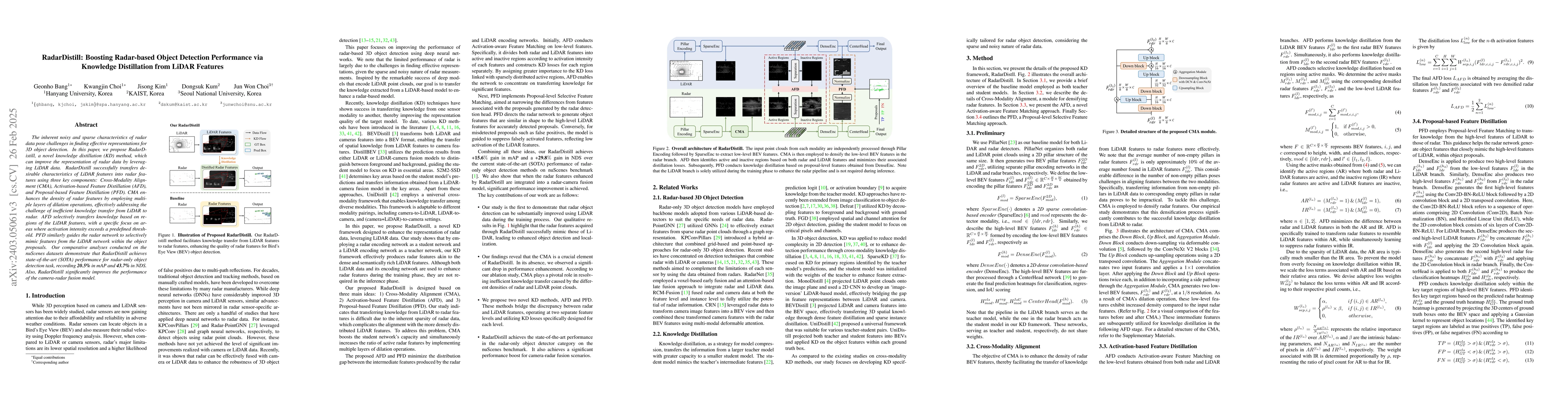 Thumbnail for RadarDistill: Boosting Radar-based Object Detection Performance via
  Knowledge Distillation from LiDAR Features