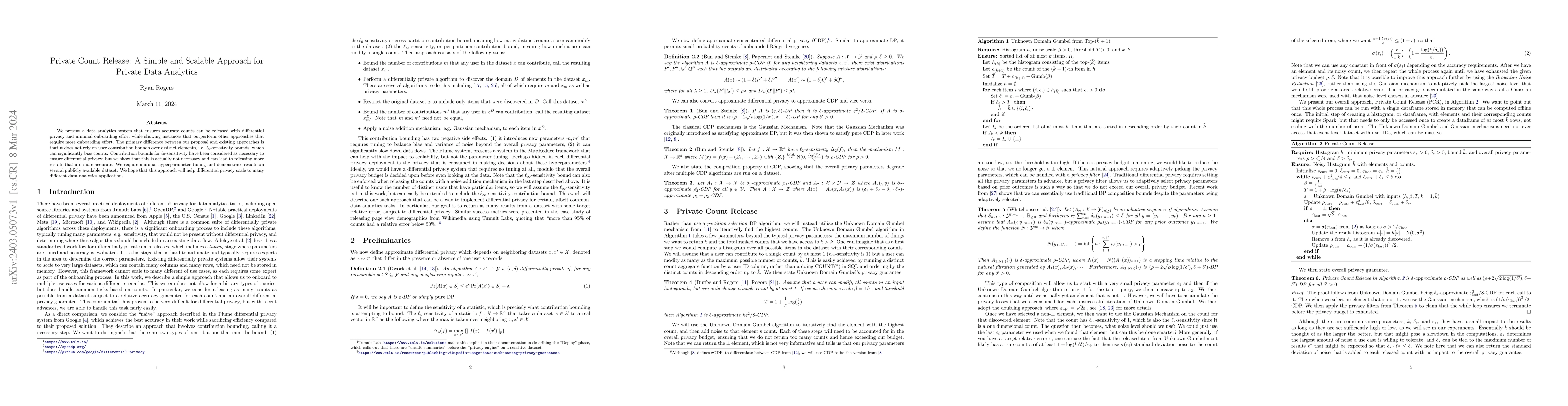 Thumbnail for Private Count Release: A Simple and Scalable Approach for Private Data
  Analytics