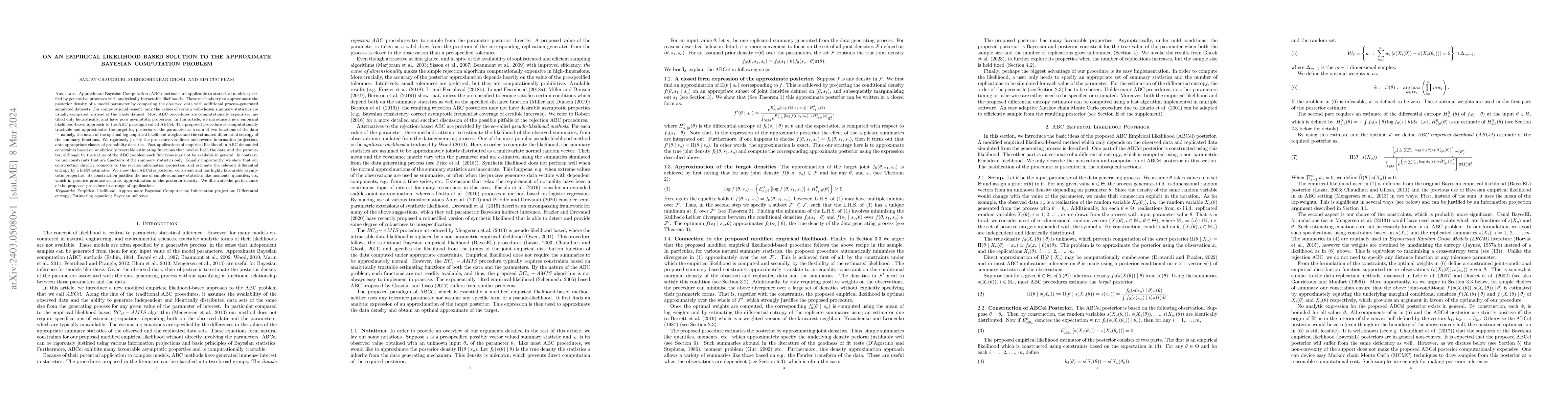 Thumbnail for On an Empirical Likelihood based Solution to the Approximate Bayesian
  Computation Problem