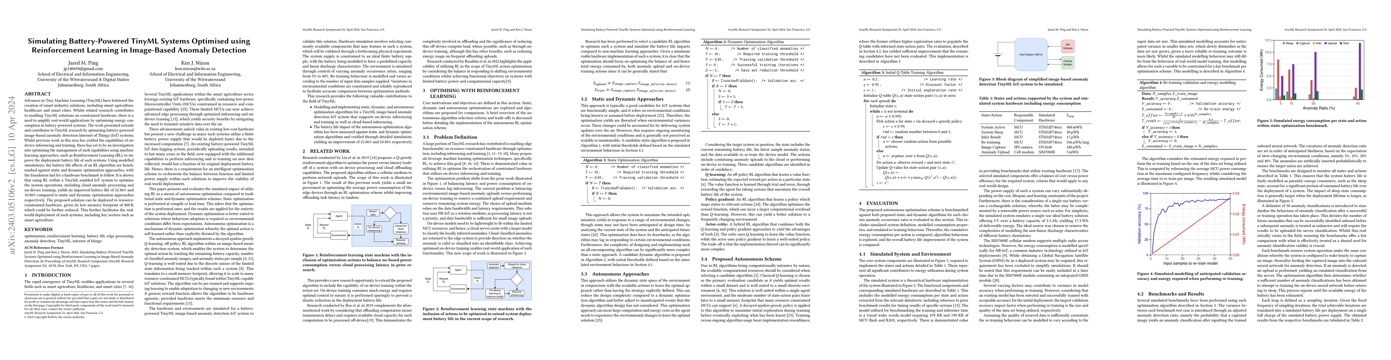 Thumbnail for Simulating Battery-Powered TinyML Systems Optimised using Reinforcement
  Learning in Image-Based Anomaly Detection