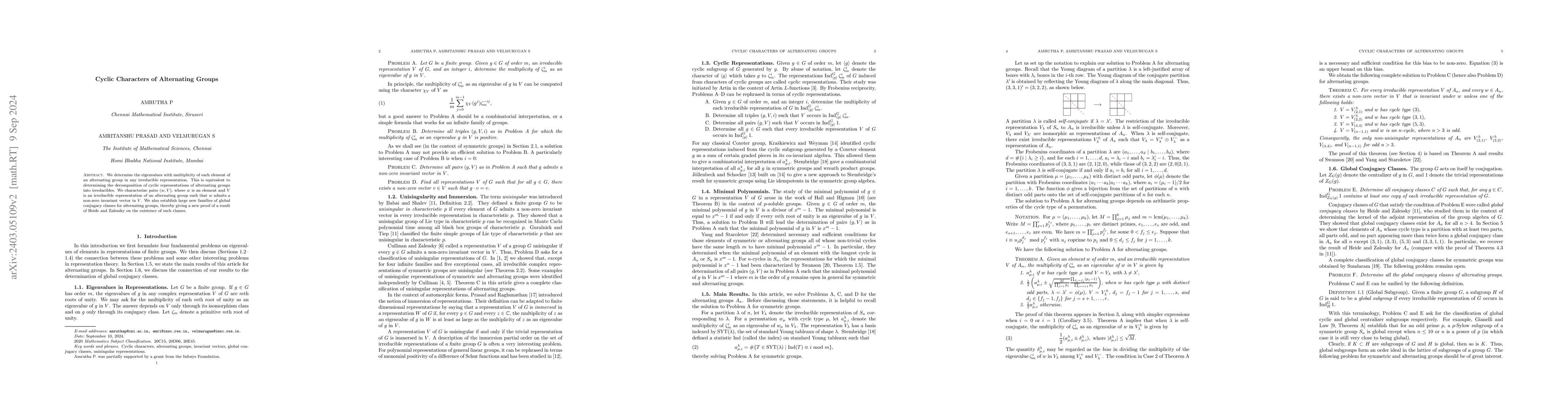 Thumbnail for Cyclic Characters of Alternating Groups