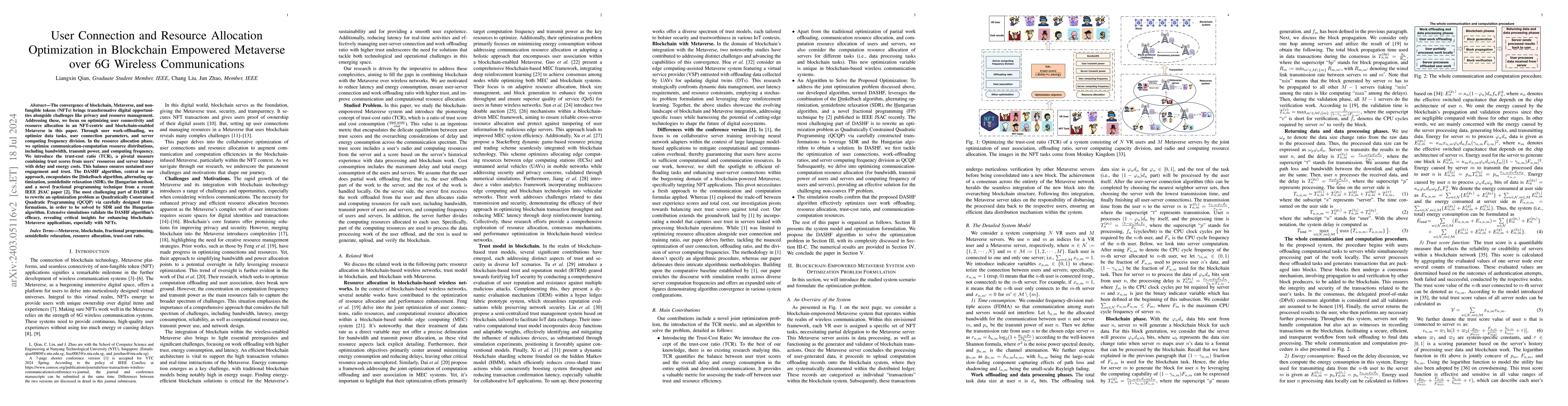 Thumbnail for User Connection and Resource Allocation Optimization in Blockchain
  Empowered Metaverse over 6G Wireless Communications