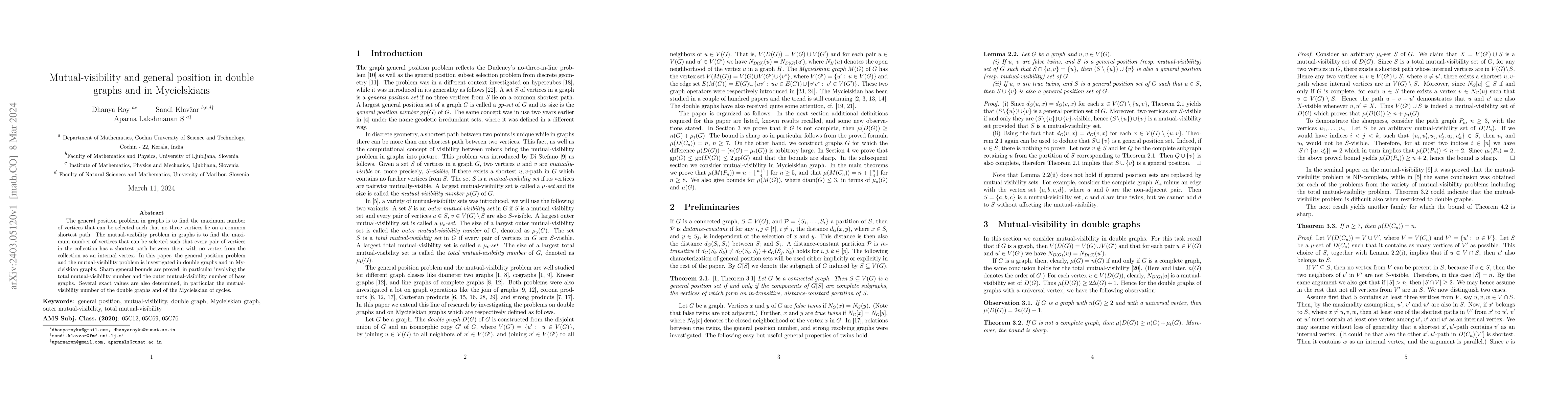 Thumbnail for Mutual-visibility and general position in double graphs and in
  Mycielskians