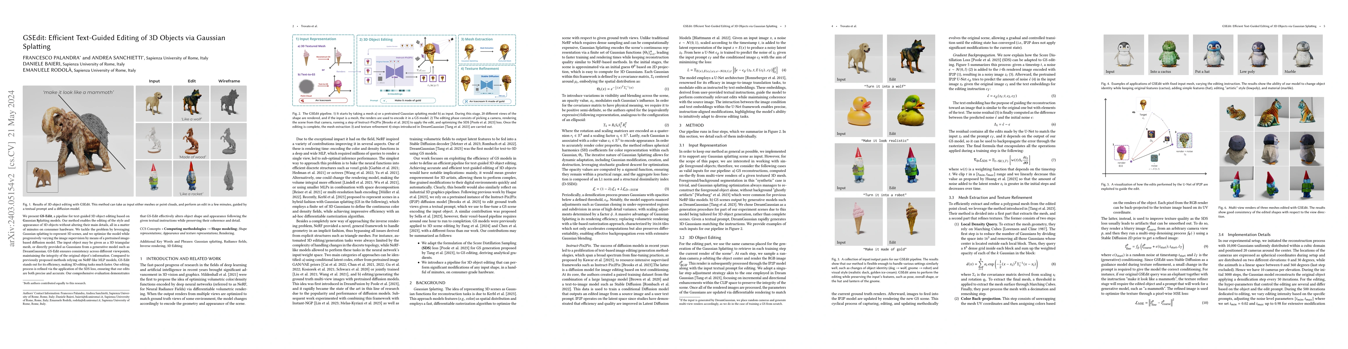 Thumbnail for GSEdit: Efficient Text-Guided Editing of 3D Objects via Gaussian
  Splatting