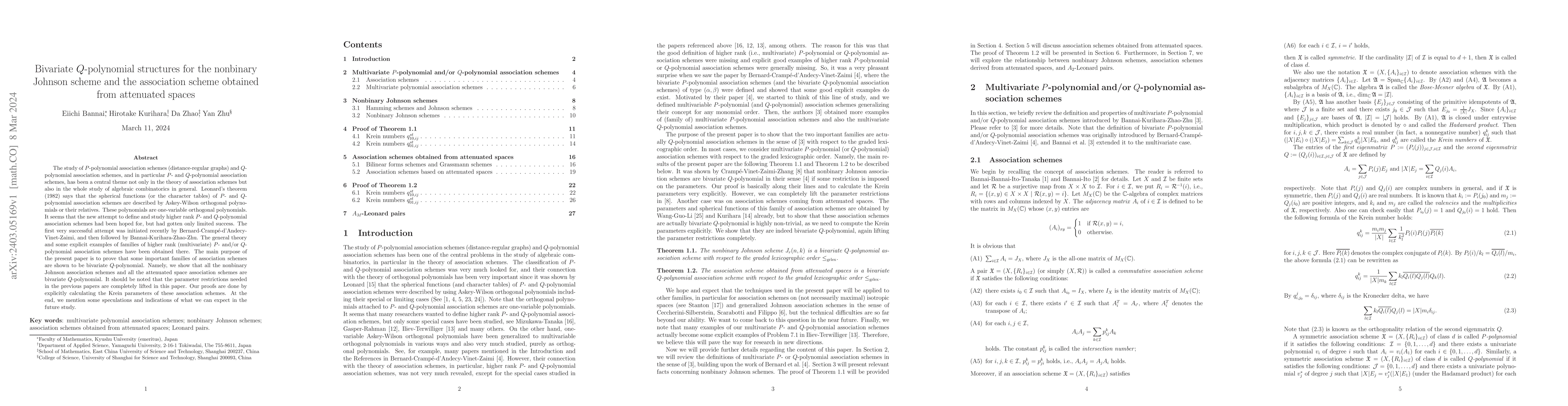 Thumbnail for Bivariate $Q$-polynomial structures for the nonbinary Johnson scheme and
  the association scheme obtained from attenuated spaces