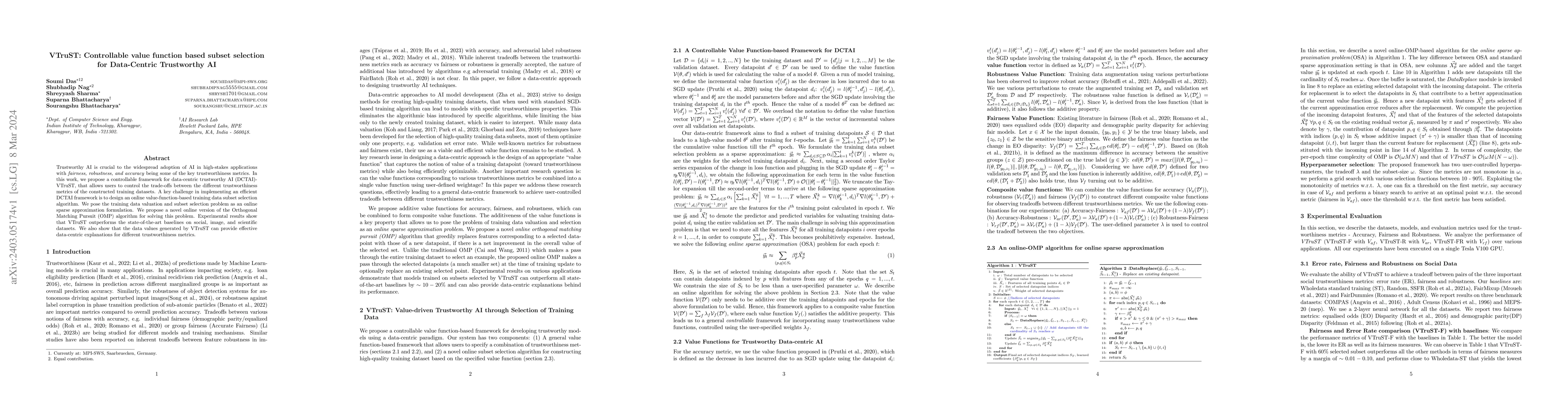 Thumbnail for VTruST: Controllable value function based subset selection for
  Data-Centric Trustworthy AI