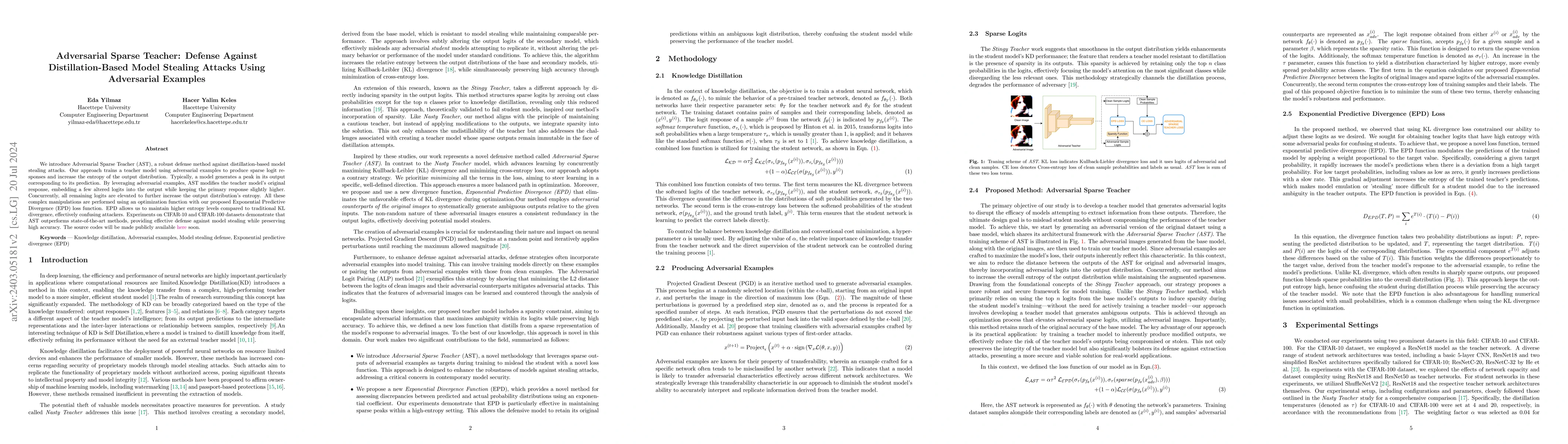 Thumbnail for Adversarial Sparse Teacher: Defense Against Distillation-Based Model
  Stealing Attacks Using Adversarial Examples