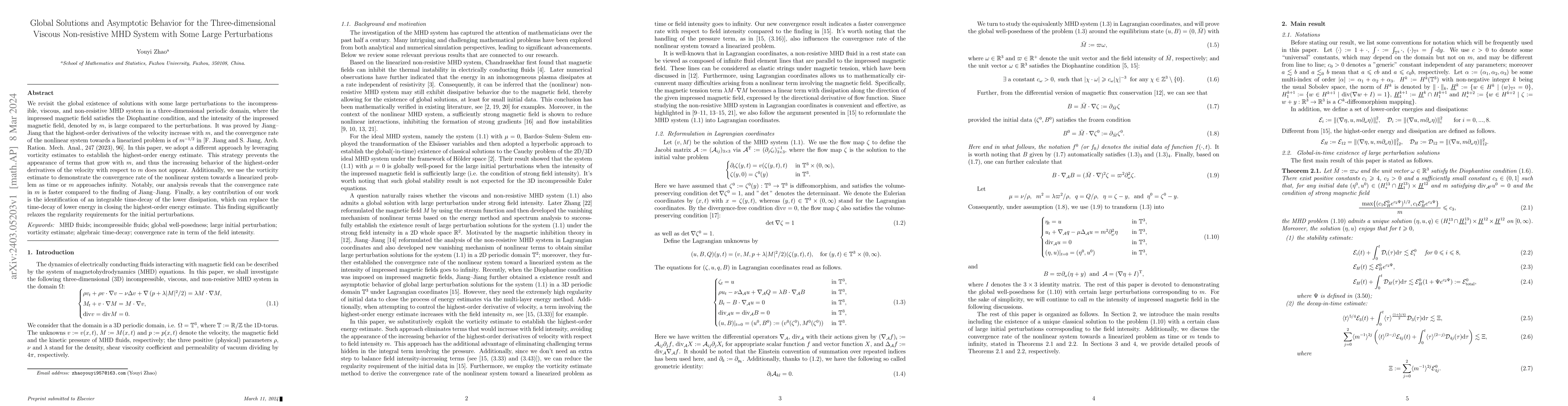 Thumbnail for Global Solutions and Asymptotic Behavior for the Three-dimensional
  Viscous Non-resistive MHD System with Some Large Perturbations