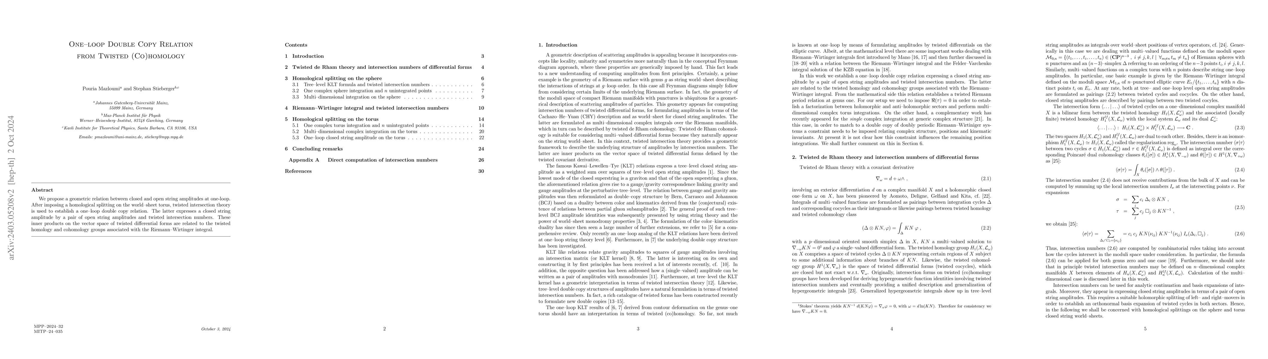 Thumbnail for One-loop Double Copy Relation from Twisted (Co)homology