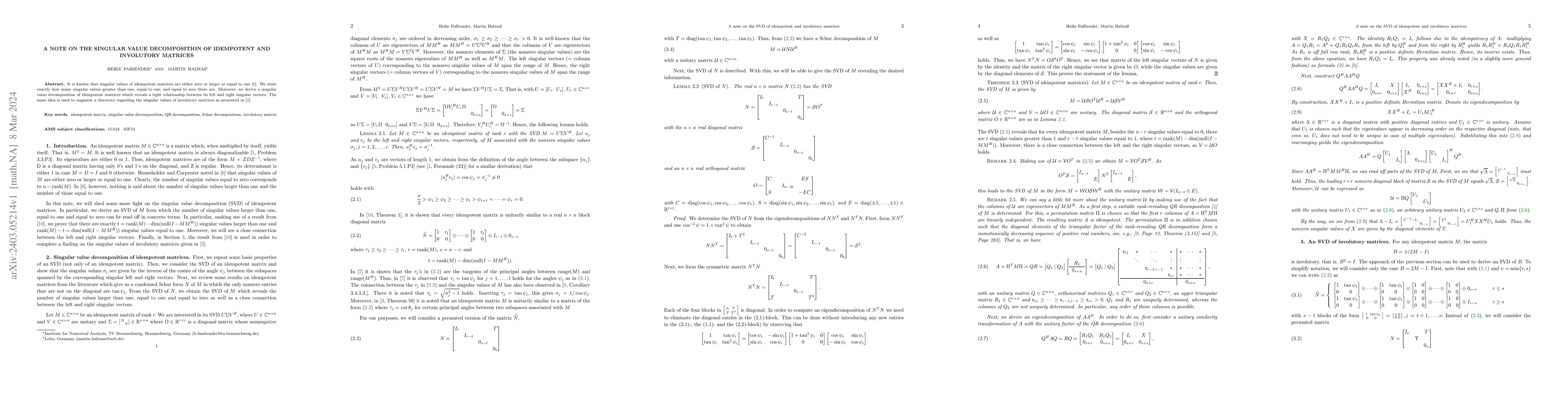 Thumbnail for A note on the singular value decomposition of idempotent and involutory
  matrices