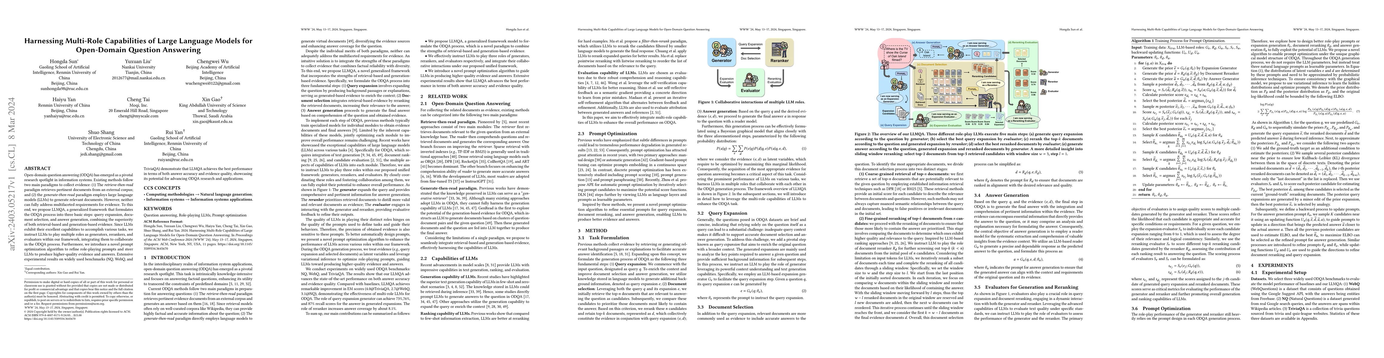 Thumbnail for Harnessing Multi-Role Capabilities of Large Language Models for
  Open-Domain Question Answering