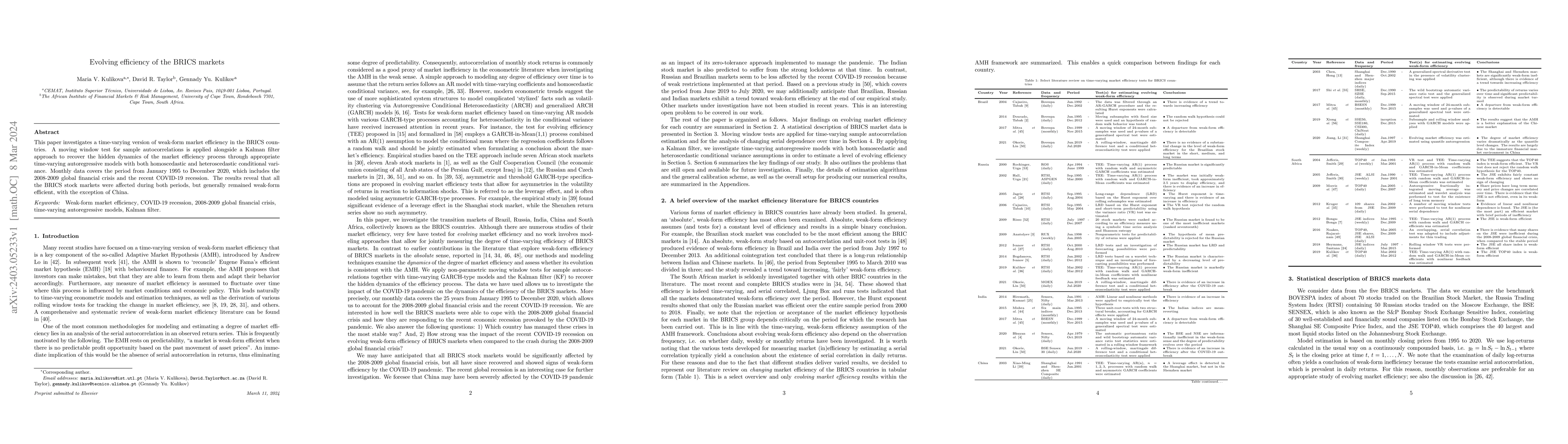 Thumbnail for Evolving efficiency of the BRICS markets