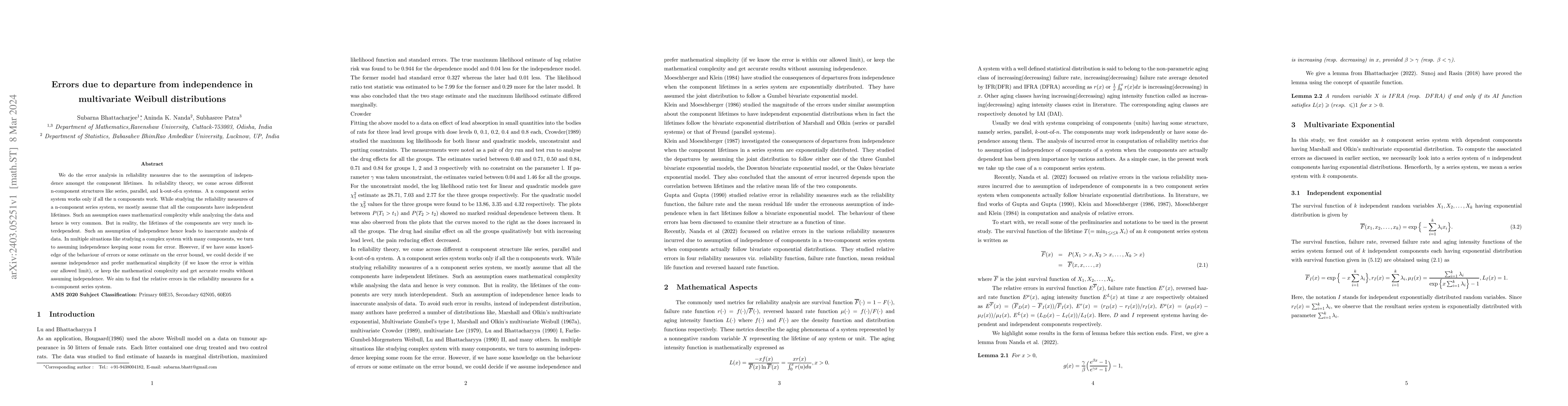 Thumbnail for Errors due to departure from independence in multivariate Weibull
  distributions