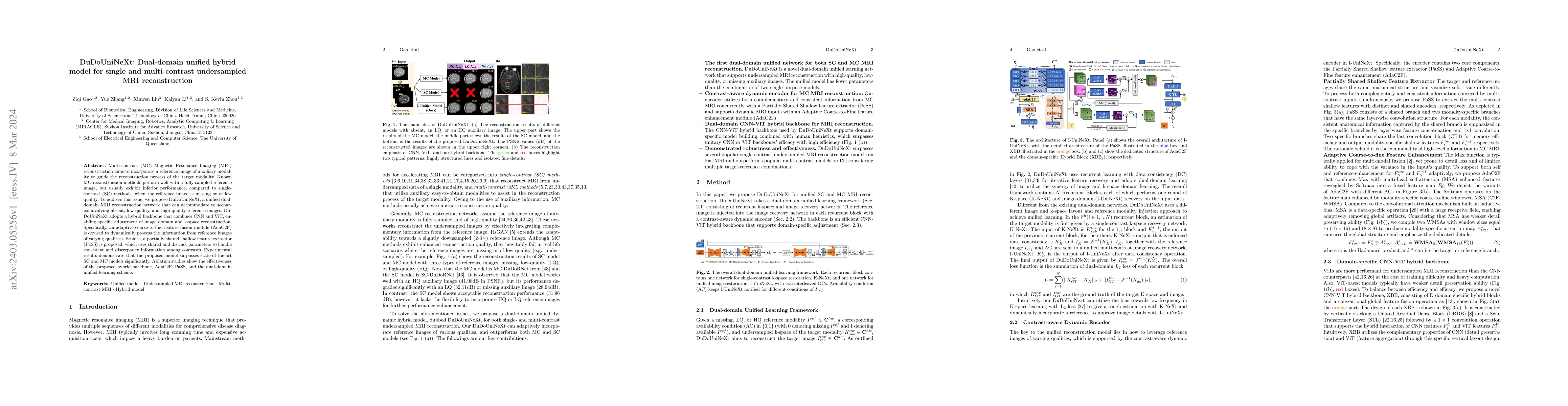 Thumbnail for DuDoUniNeXt: Dual-domain unified hybrid model for single and
  multi-contrast undersampled MRI reconstruction