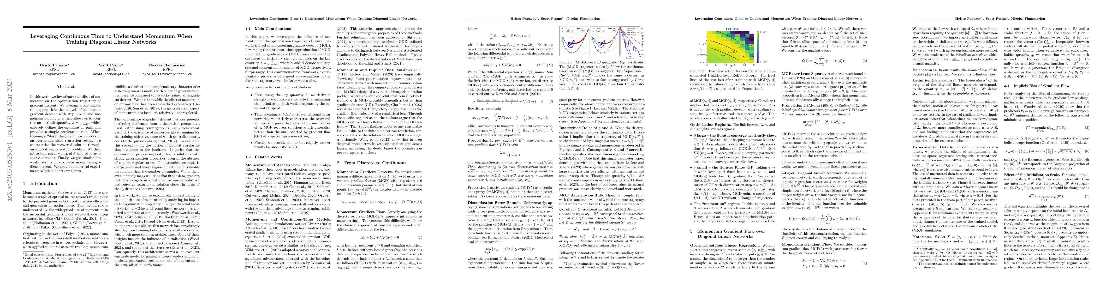 Thumbnail for Leveraging Continuous Time to Understand Momentum When Training Diagonal
  Linear Networks