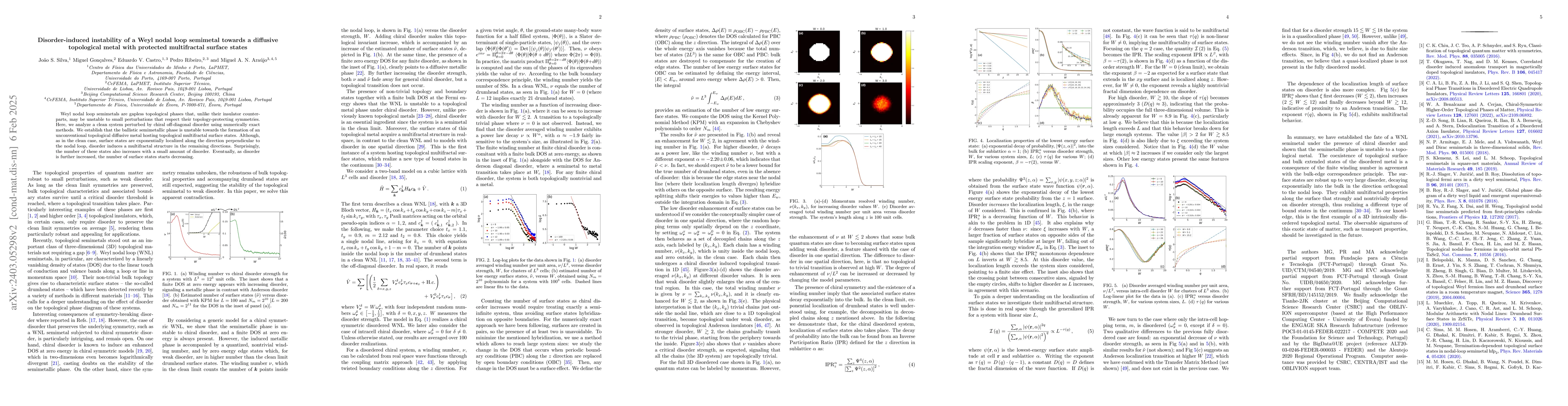 Thumbnail for Disorder-induced instability of a Weyl nodal loop semimetal towards a
  diffusive topological metal with protected multifractal surface states
