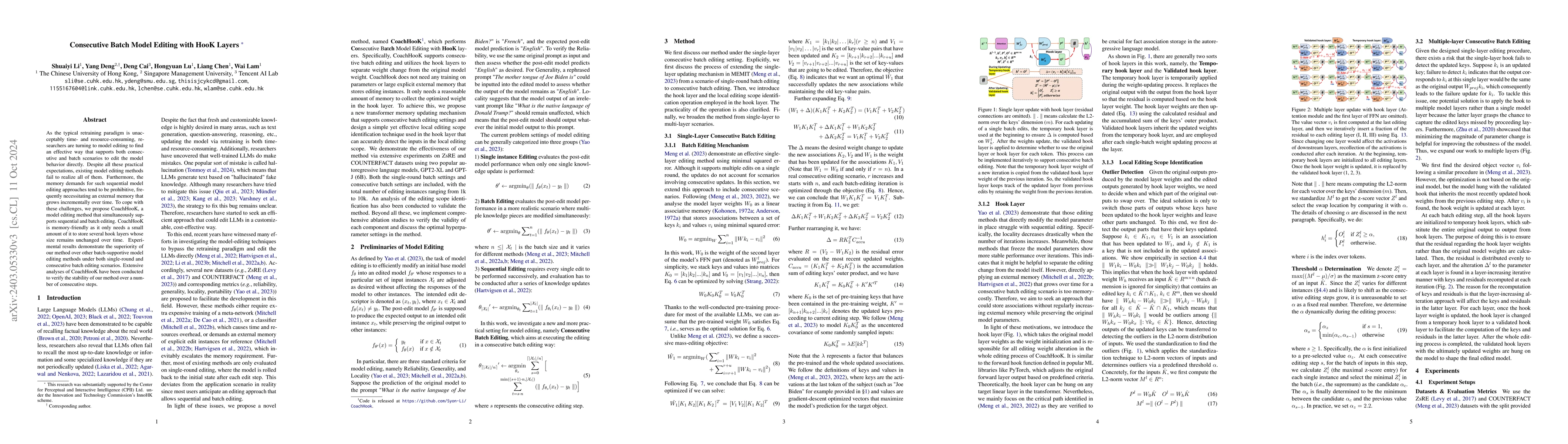 Thumbnail for Consecutive Model Editing with Batch alongside HooK Layers