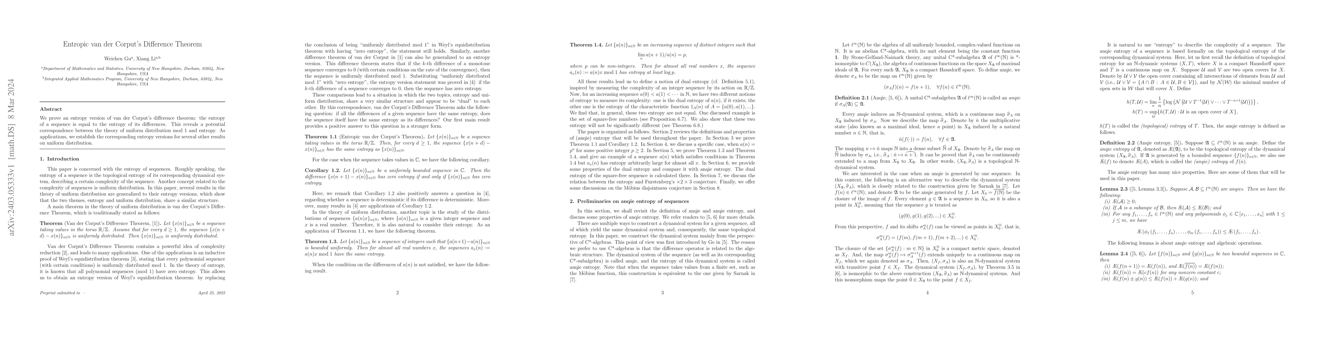 Thumbnail for Entropic van der Corput's Difference Theorem