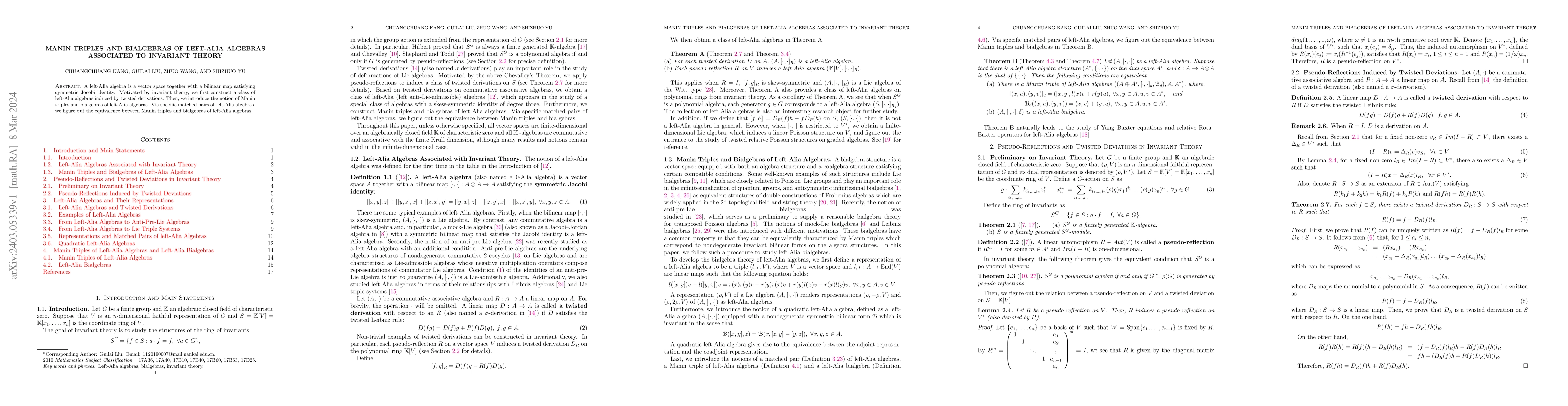 Thumbnail for Manin triples and bialgebras of Left-Alia algebras associated to
  invariant theory