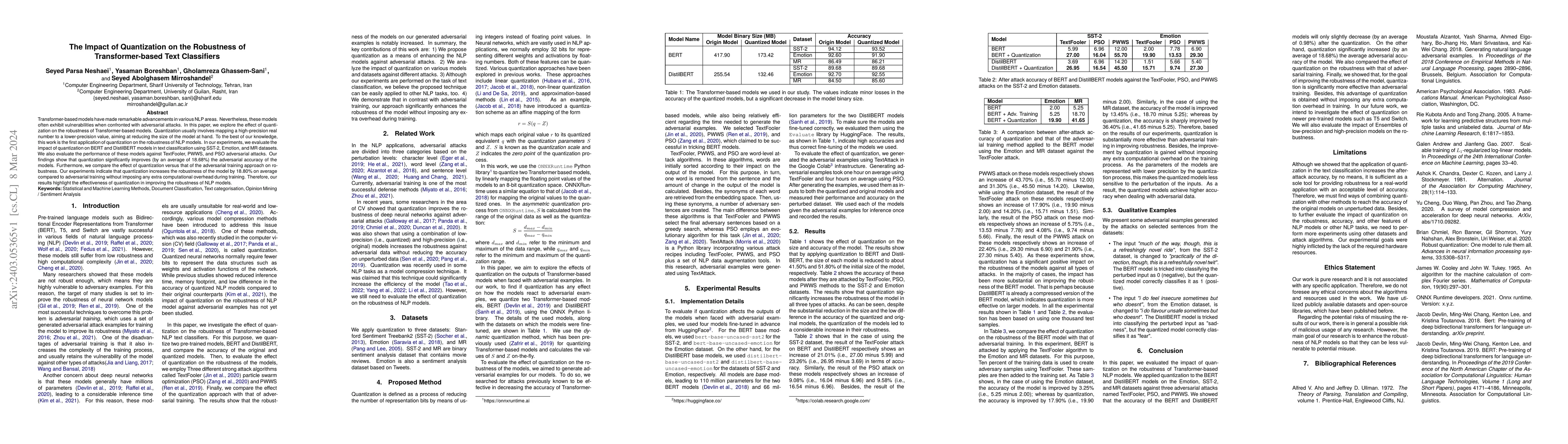 Thumbnail for The Impact of Quantization on the Robustness of Transformer-based Text
  Classifiers