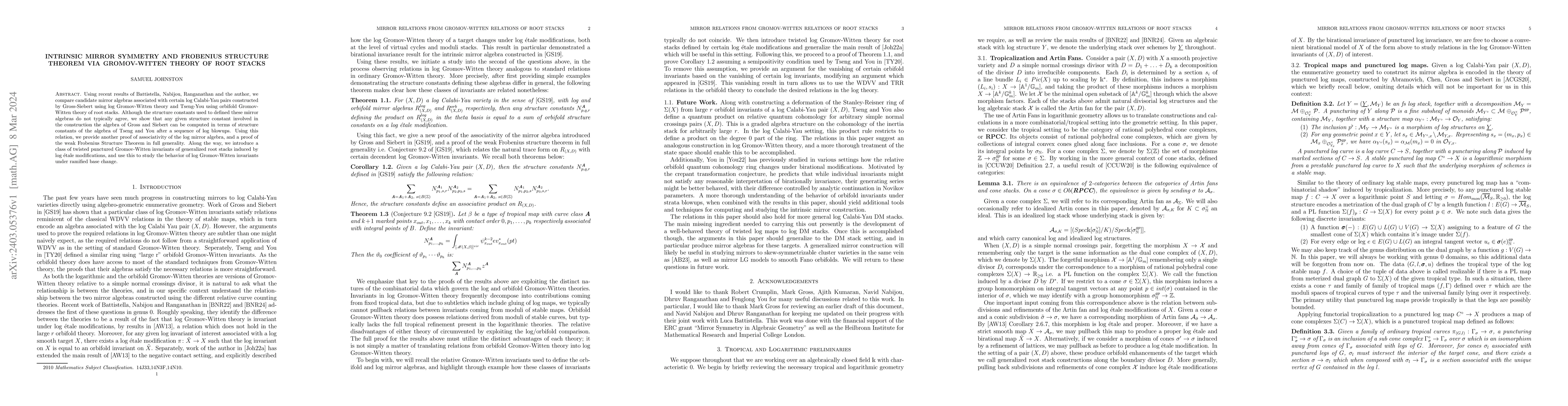 Thumbnail for Intrinsic mirror symmetry and Frobenius structure theorem via
  Gromov-Witten theory of root stacks