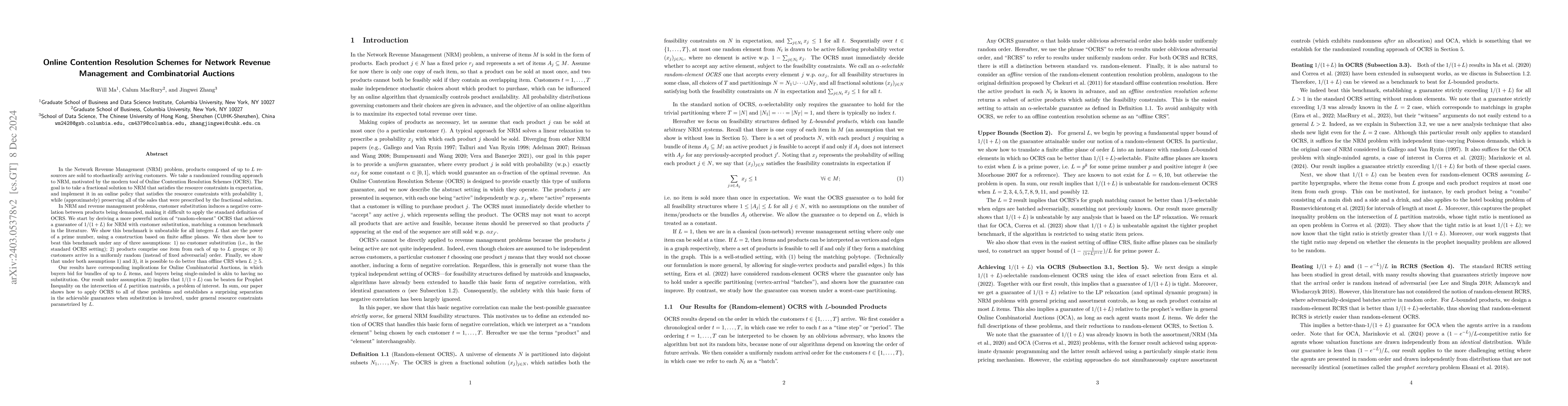 Thumbnail for Online Contention Resolution Schemes for Network Revenue Management and
  Combinatorial Auctions