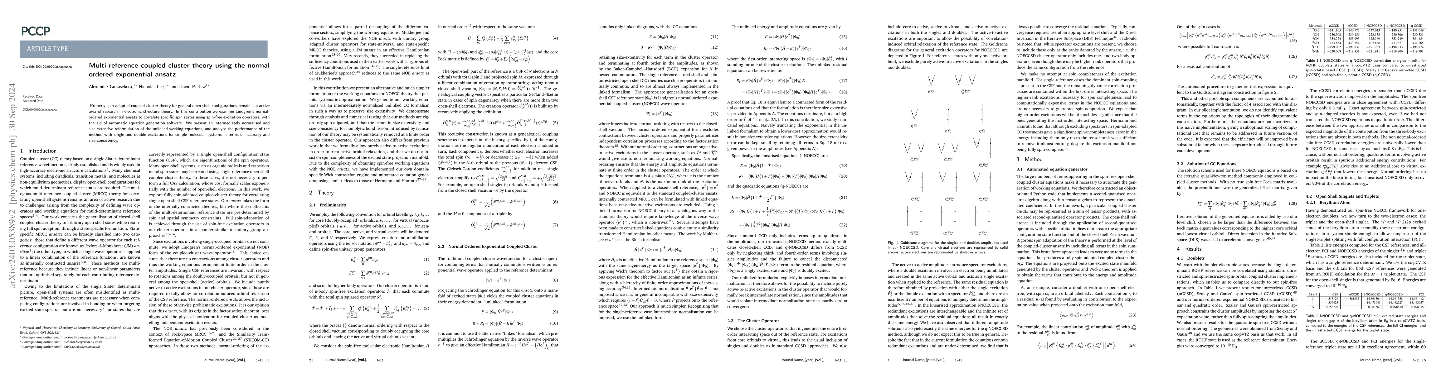 Thumbnail for Multi-reference coupled cluster theory using the normal ordered
  exponential ansatz