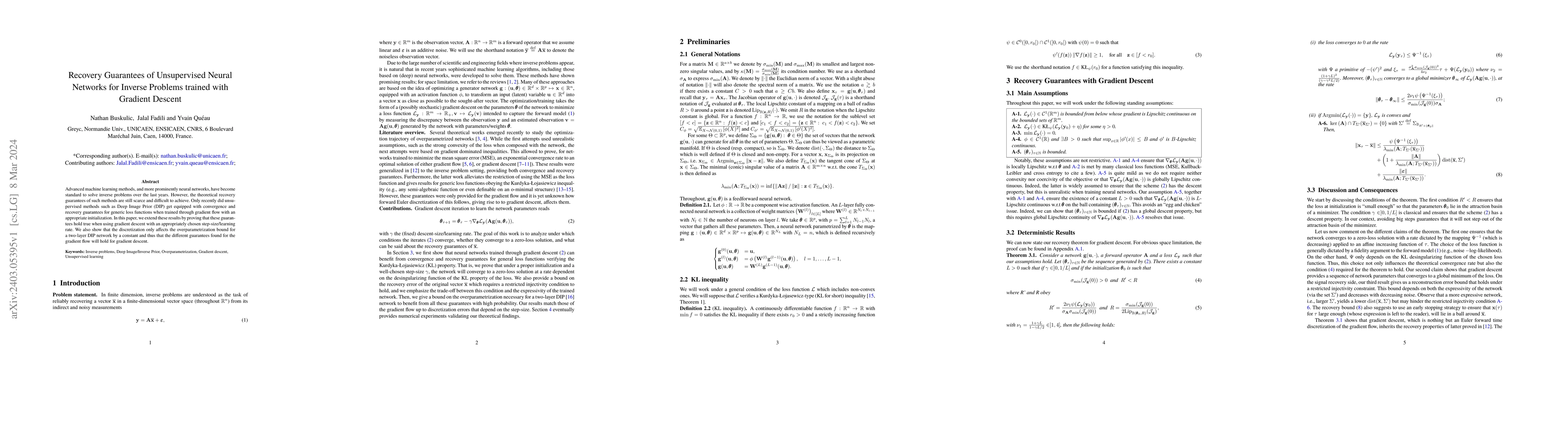 Thumbnail for Recovery Guarantees of Unsupervised Neural Networks for Inverse Problems
  trained with Gradient Descent