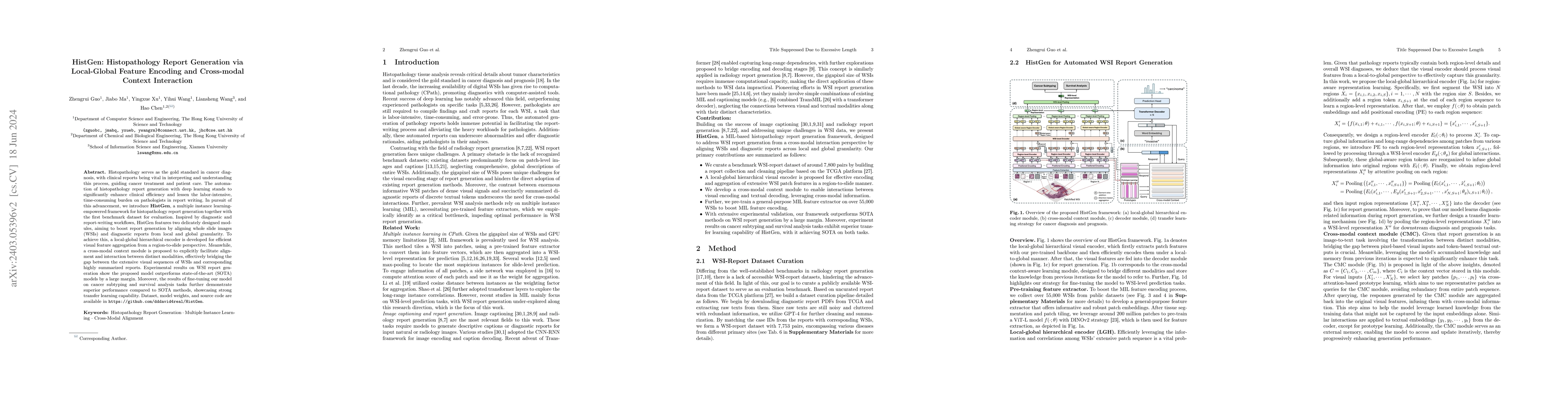 Thumbnail for HistGen: Histopathology Report Generation via Local-Global Feature
  Encoding and Cross-modal Context Interaction