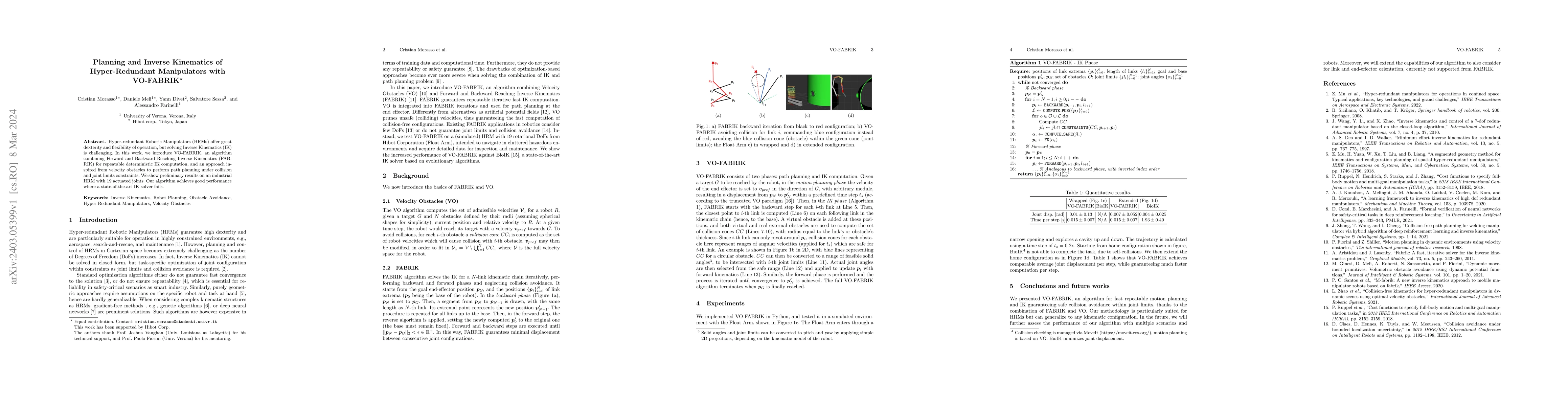 Thumbnail for Planning and Inverse Kinematics of Hyper-Redundant Manipulators with
  VO-FABRIK