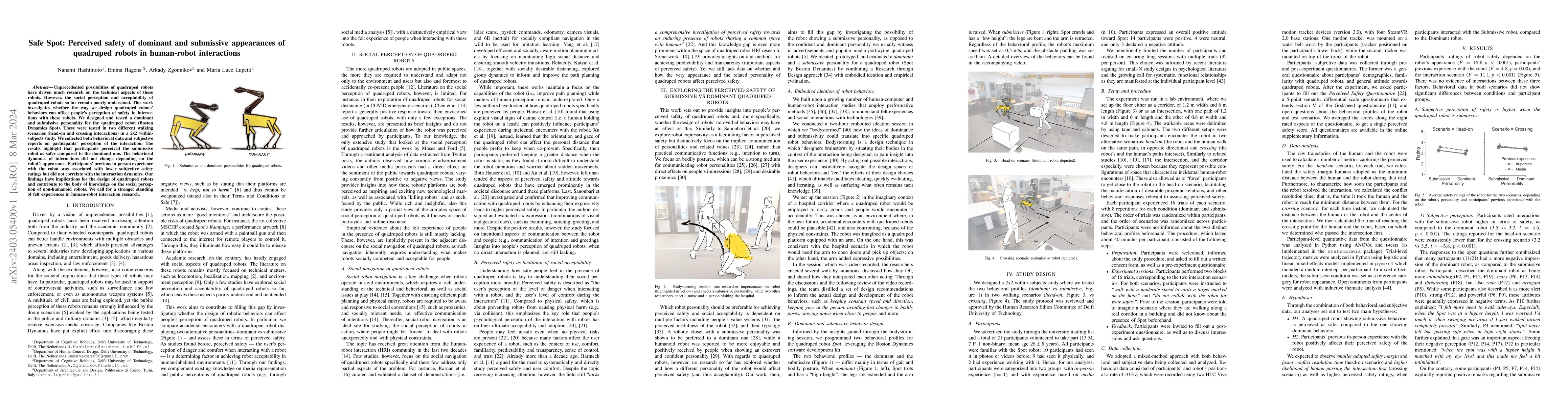 Thumbnail for Safe Spot: Perceived safety of dominant and submissive appearances of
  quadruped robots in human-robot interactions