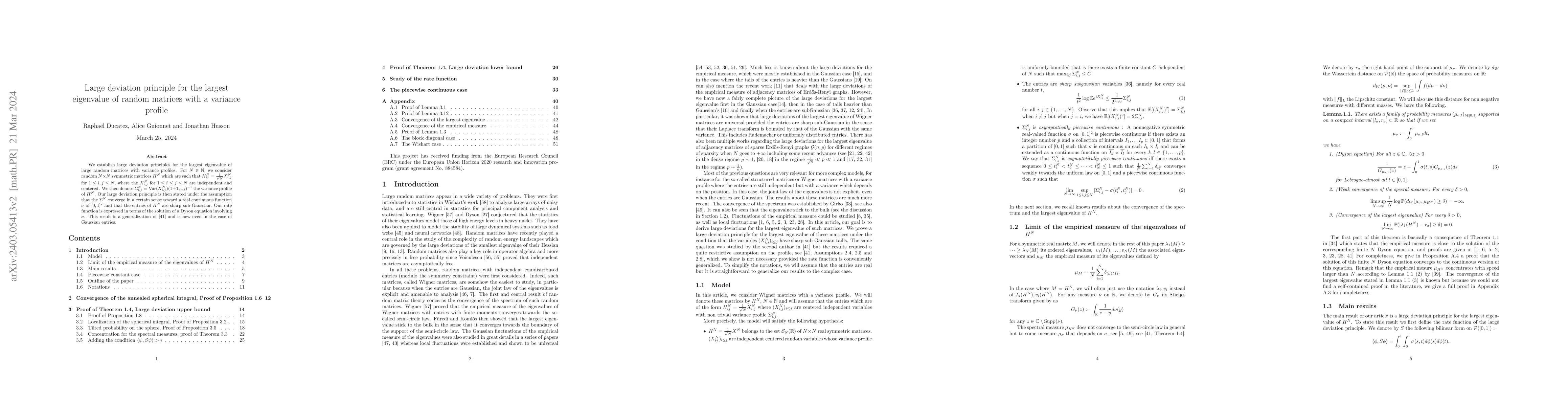 Thumbnail for Large deviation principle for the largest eigenvalue of random matrices
  with a variance profile