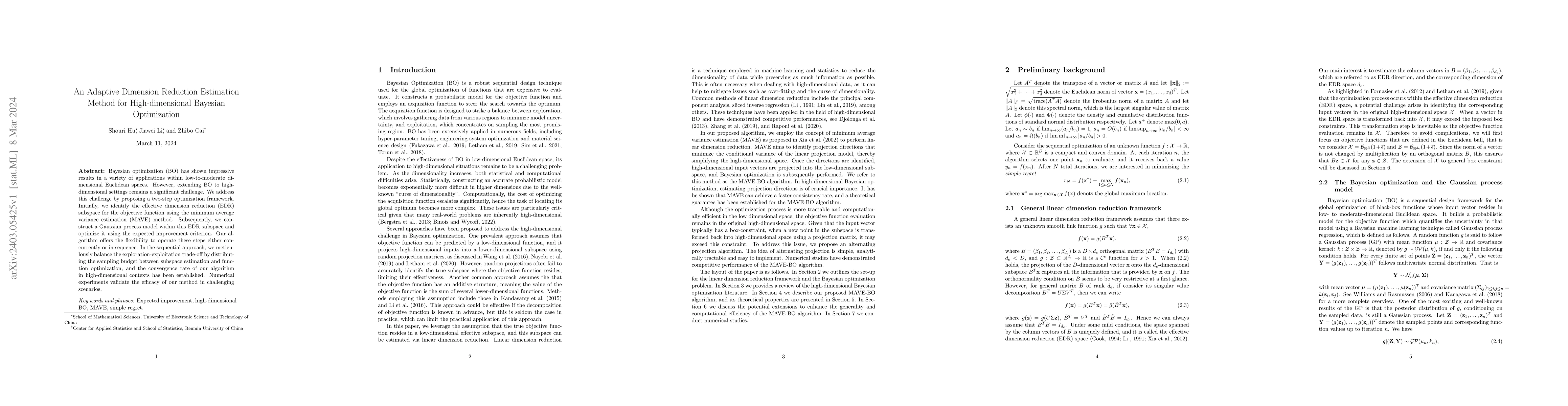 Thumbnail for An Adaptive Dimension Reduction Estimation Method for High-dimensional
  Bayesian Optimization
